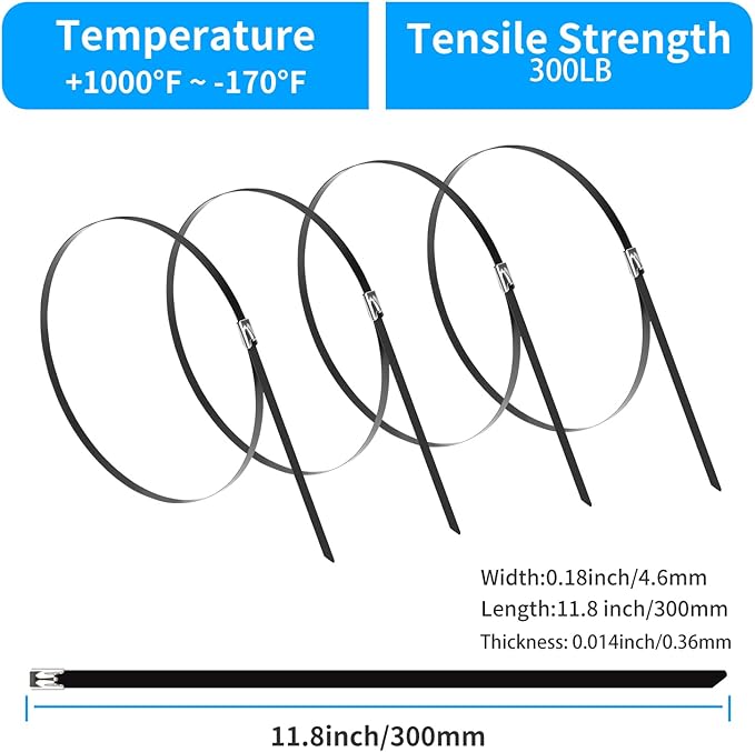 XINGO 11.8 inch Black Metal Zip Ties (200 Pack), 304 Stainless Steel Heavy Duty Zip Ties, 300lbs Tensile Strength, Multi-Purpose Self-locking Cable Ties for Exhaust Wrap, Outdoor and Canopy Etc