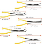 SINJEUN 5-Piece 11 Inch Nose Pliers Set, Long Reach Angle Pliers - Straight, 25, 45, 90 and Round. Yellow Rubber Grip