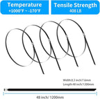 XINGO 48 inch Black Metal Zip Ties Heavy Duty 25 Pack, 304 Stainless Steel Zip Ties, 408 lbs Tensile Strength, Multi-Purpose Self-Locking Cable Ties for Exhaust Wrap, Outdoor and Canopy Etc