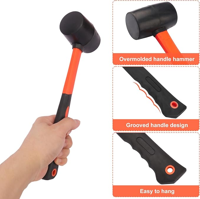 4 PCS 12 OZ Rubber Mallet, Rubber Hammer Head, Rubber Mallet Set With Black-Yellow Fiberglass Handle Perfect For Wood, Metal, Plastic, Glass, And Ceramics. By GENHAKON