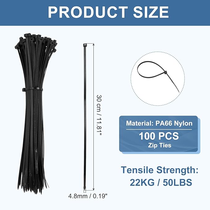 PATIKIL Cable Zip Ties 12 Inch, 100 Pcs Self-Locking Nylon Wire Tie Wraps Heavy Duty Cord Management with 50 lbs Tensile Strength for Indoor and Outdoor, Black (0.2" W)