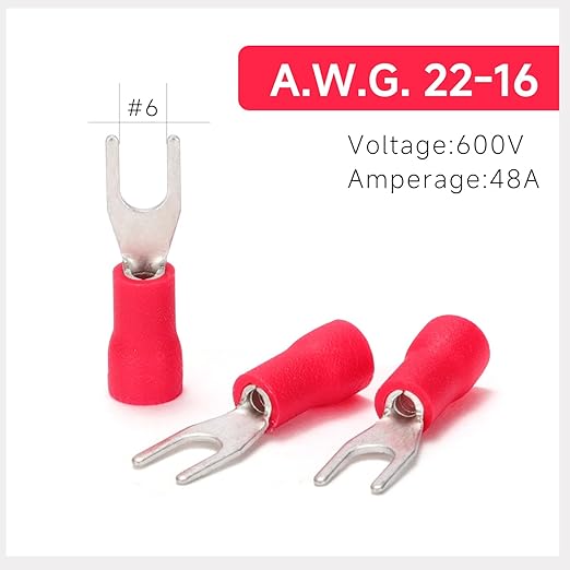 150PCS Fork Wire Connectors Insulated - red 22-16 AWG M3.5 Stud Size #6 - U-Type Tinned Copper Spade Electrical Crimp PVC Terminals
