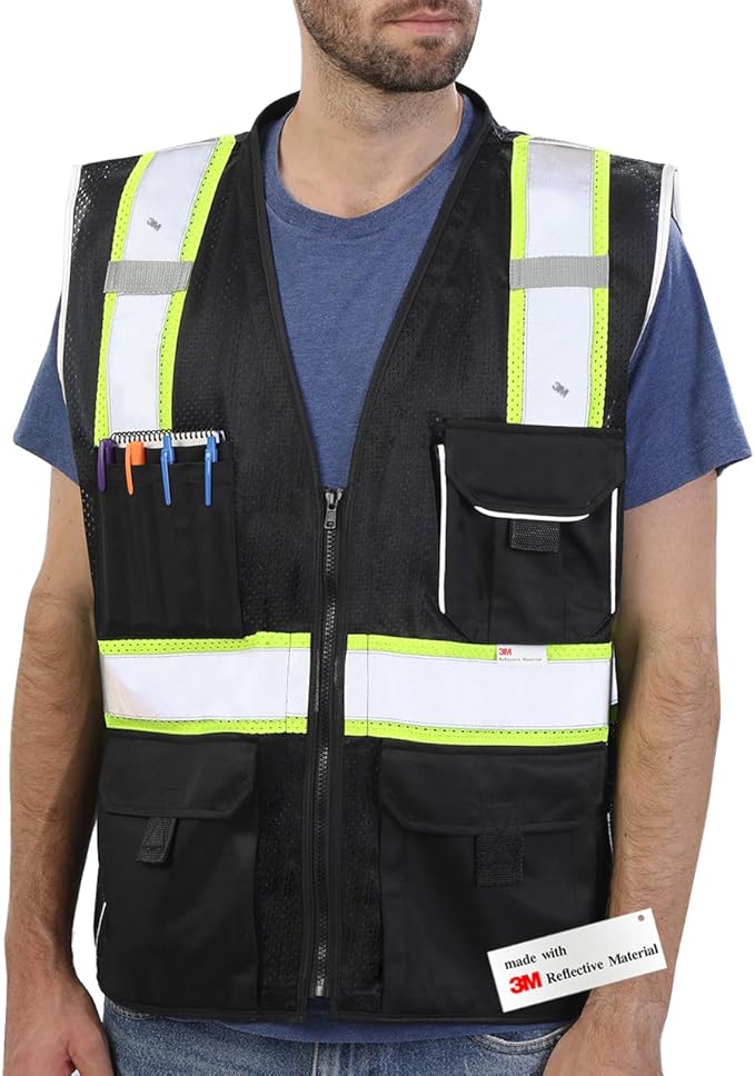 Dib Safety Vest Reflective Black Mesh, High Visibility Vest with Pockets and Zipper, Heavy Duty Vest Made with 3M Reflective Tape 3XL