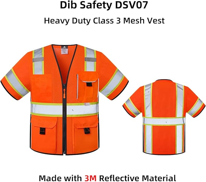 Dib Safety Reflective Mesh Vest ANSI Class 3, High Visibility with Pockets and Zipper, Made with 3M Reflective Tape, Orange XL