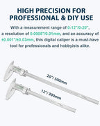 12-Inch Digital Caliper with 4-Inch Jaw Depth, Precision Measuring Tool, Full Metal Frame, Large LCD Screen, Resolution 0.0005"/0.01mm, Ideal for Professionals & Hobbyists