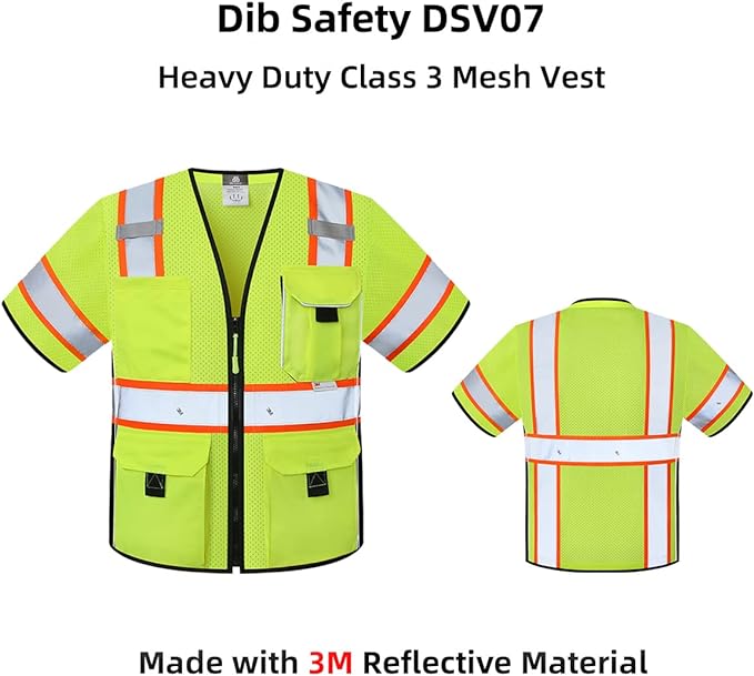 Dib Safety Reflective Mesh Vest ANSI Class 3, High Visibility with Pockets and Zipper, Made with 3M Reflective Tape, Yellow M