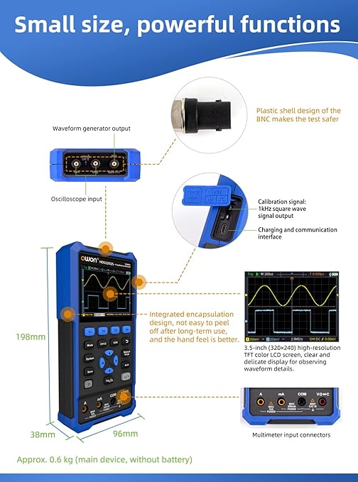 HDS2202S Oscilloscope, 200MHz Bandwidth Oscilloscope Multimeter, 3 in 1 Function Dual Channel Oscillograph with Waveform Generator, 3.5" High Resolution LCD