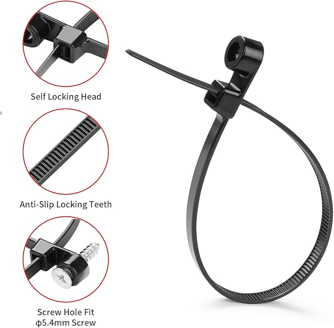 200 PCS 10 inch Black Zip Ties with Screw Hole 70lbs Mountable head Cable Ties Straps Multipurpose Heavy Duty Nylon Cable Zip Ties with Screw Mounting Hole