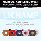 Lichamp 10-Pack Colored Electrical Tape Waterproof, 3/4 in x 66ft, Industrial Grade UL/CSA Listed High Temp Electrical Tape Colors Electric Super Vinyl, 1075C3