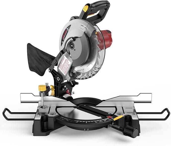 10-inch Compound Miter Saw, 5000RPM, 15 Amp, Single Bevel 0-45° with Extension Table, 36T Blade, Power Saw for Metal, Plastic, Wood, Laminates