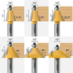 6Pcs Chamfer Router Bits Set 1/2 Inch Shank Carbide Edge Forming Bevel Router Bit with Bearing, Chamfer Bit Miter Angle Milling Cutters Tool, 11.25, 15, 22.5, 30, 45, 60 Degree
