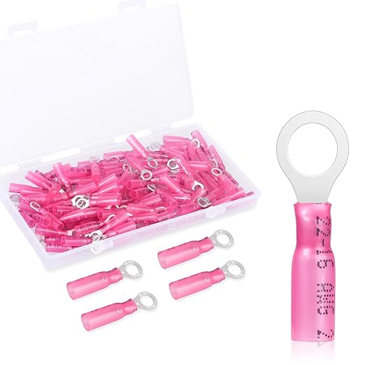 100 Pack Heat Shrink Ring Terminals - 1/4" - Red 22-16 AWG Marine Grade Heat Shrink Wire Connectors - Tinned Red Copper Eyelet Wire Connectors