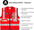 Dib Safety Reflective Vest High Visibility with Pockets and Zipper, Red M