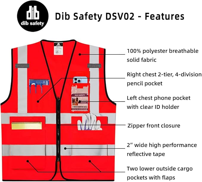 Dib Safety Reflective Vest High Visibility with Pockets and Zipper, Red L