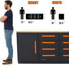Heavy Duty Garage Cabinet Workbench Table w/Solid Wood Top, Workstation Garage Workbench with Storage for Garage, Warehouse, Office, Workshop, 112.2" W x 26.4" D x 36.2" H