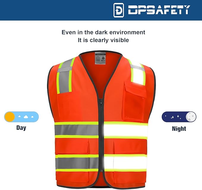 9 Pockets High visibility Class 2 Safety Vest，Hi Vis Vest with 2 inch wide Reflective Strips security vest with Zipper construction work vest for men &women Orange，2XL