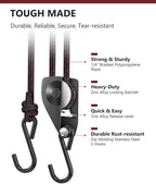 VIPARSPECTRA Ratchet Tie Down Straps, 1/4" Adjustable Rope Hangers [2 Pack, 12FT, 150 lbs/Pack], Heavy Duty Kayak Pulley System with Hooks for Garage Cargo Trucks Tents Grow Lights Various Lashing