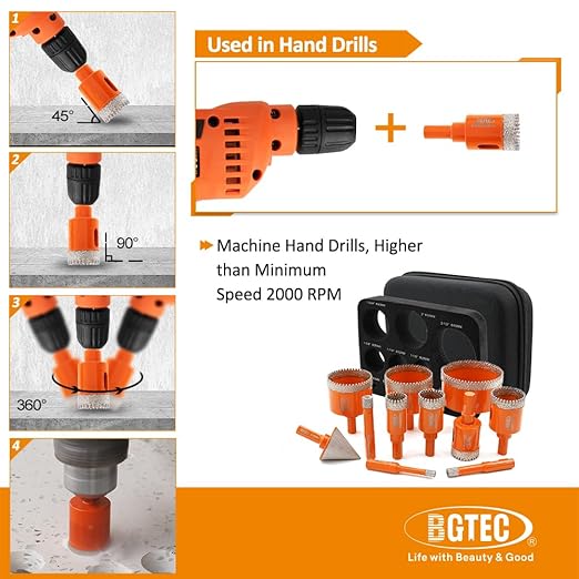 Diamond Core Drill Bit Kit BGTEC Diamond Hole Saw Tile Cutter,Triangle Shank 10pcs 6/8/10/20/25/28/32/45/50/65mm Drill Bits+1pc 3/8" Hex Shank Chamfer Bit