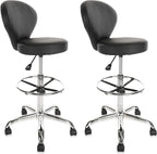 Black PVC Faux Leather Drafting Chair Set of 2 Rolling Swivel Salon Stool with Back Support Foot Rest Adjustable Hydraulic Seat Height for Massage Facial Spa Medical Drafting Tattoo Beauty