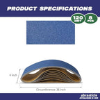 4" x 36" Zirconia Sanding Belts for Metal - 4 x 36 Inch Zirconia Metal Grinding Sand Paper, 8 PCS 120 Grits, Perfect for Knife Blade Sharpening, Metal Polishing, Derusting, Woodworking