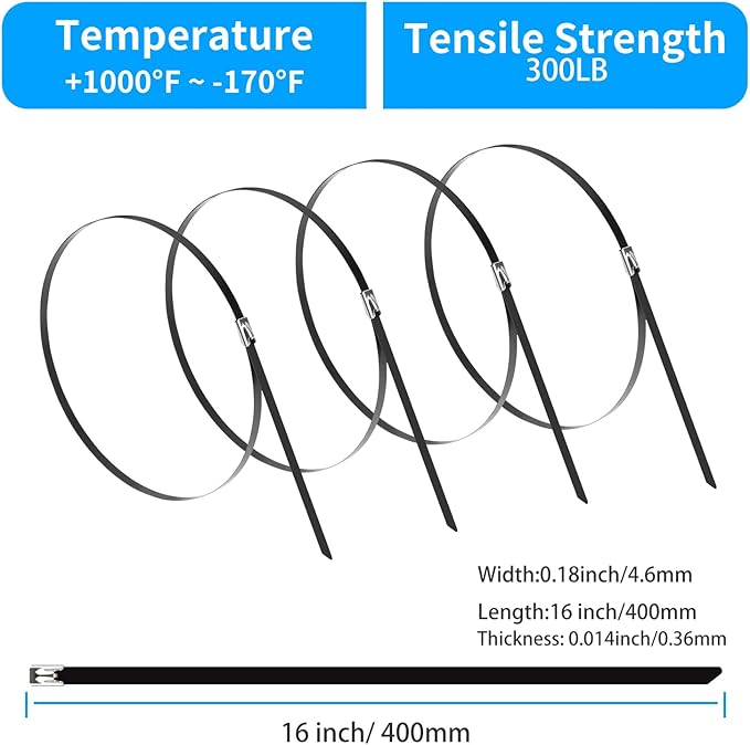 XINGO 16 inch Metal Zip Ties Heavy Duty 100 Pack, 304 Stainless Steel Zip Ties, 300lbs Tensile Strength, Multi-Purpose Self-Locking Cable Ties for Exhaust Wrap, Outdoor and Canopy Etc