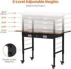 60-Inch Garage Workbench with Wheels, Adjustable Rubber Wood Top Garage Workbench with Pegboard/Drawer/Power Outlet, 2000 lbs Load Capacity, for Workshop, Woodworking, Office, Home.