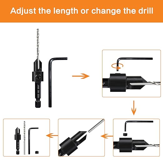 3 Pack Countersink Drill Bit Set #10#12#16, 3in1 Woodworking Counterbore Hole Saw Drill Bits, Depth Adjustable M2 Pilot Drill Bits, 82-Degree Chamfer, 1/4" Hex Shank, with 1 Allen Wrench