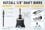 Kutzall 4-Piece Rotary Burr Detail Kit - 1⁄8" Shaft, Fine – Wood Carving Bit for Dremel, Foredom, Ryobi, DeWalt, Milwaukee Tools - Structured Tungsten Carbide, 18FKIT02