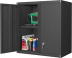 28" H Metal Wall Cabinet, Steel Wall Mount Storage Cabinets with 2 Doors and 1 Adjustable Shelf, Small Wall Cabinet for Kitchen, Garage, Laundry Room, Pantry, Black
