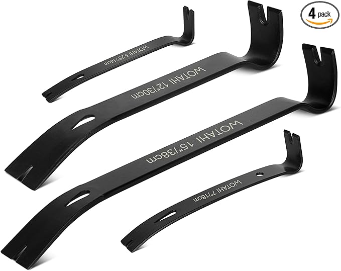 4-Piece Flat Pry Bar Set - 15",12",7",5.25" Heavy Duty Nail Puller, Utility Claw Bar, Wonder Bar, Crowbar, Mini Pry Bar, High Carbon Steel Forged Nail,baseboard and trim removal tool kit