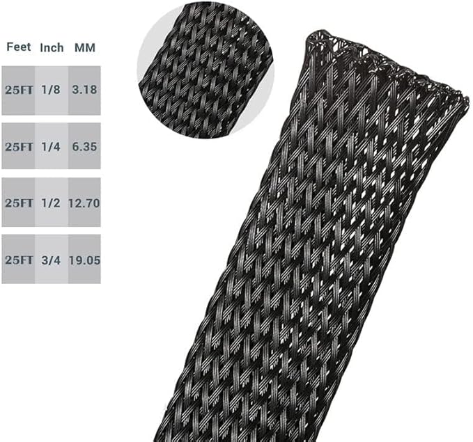 PET Expandable Braided Sleeving Wire Loom 1/2 Inch Cable Wrap Cable Sleeve Wire Protector Sleeve Tubing 25Feet, Black