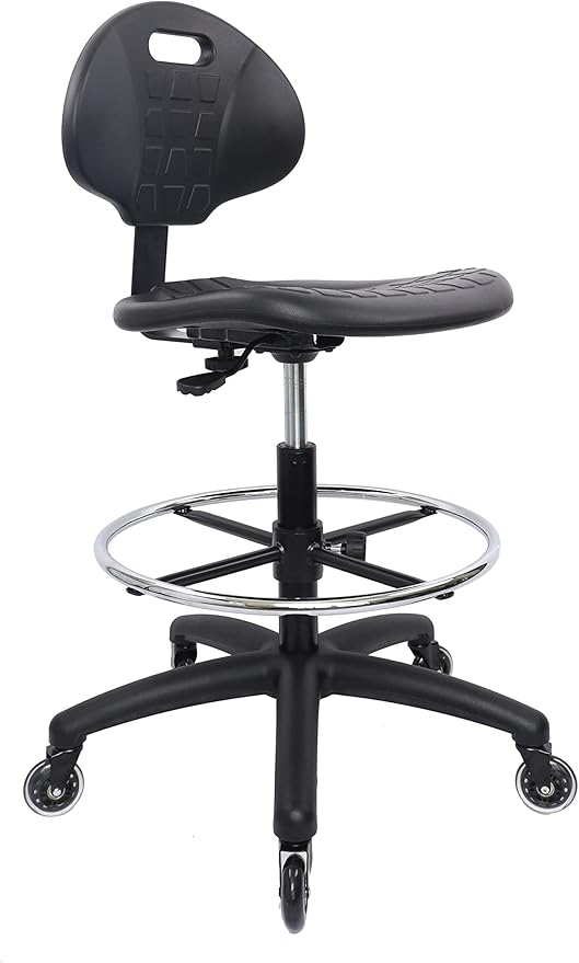 CHAIR MASTER Drafting Stool - Easy to Clean! Ergonomic Polyurethane Chair. Seat Height Adjustable w/Heavy Duty Footring for Home, Automotive, Lab, Cleanroom (Soft Roller Blade Casters, Tall Stool)