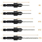 5-pc Woodworking Countersink Counterbore Drill Bit Set 3in1 for #6 8 10 12 16 Screws, M2 Pilot Drill Bits Adjustable Depth, 82-Degree Chamfer with Stop, 1/4” Hex Shank, Includes 2 Allen Wrenches