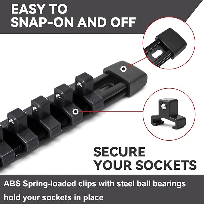ALOANES 3pc ABS Socket Organizer, 3/8 Inch, Heavy Duty Socket Racks With Black Rails and Clips