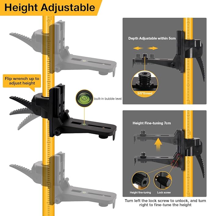 MOETER 15.7ft/4.8M Laser Pole Mount, Telescoping Laser Level Pole with Tripod, with Adjustable Bracket, 1/4"-20 & 5/8"-11 Thread Adapters for Rotary and Line Lasers