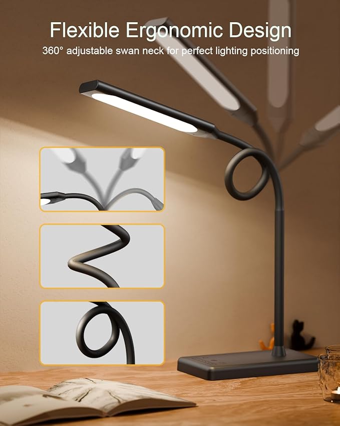Adjustable LED Desk Lamp with Wireless Charging & Touch Control | 5 Colors & 6 Brightness Levels Eye-Caring Office Light with Memory & Timer