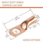 10pcs 4 AWG-3/8”(M10) Ring Terminals 4 Gauge Copper Wire Lugs Battery Cable Ends Heavy Duty Battery Cable Terminal Connectors