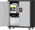 31.5''H Metal Garage Storage Cabinet with Wheels, Small Tool Storage Cabinets with Lock, Lockable Steel Rolling Tool Chest with Doors & Adjustable Shelves for Garage, Home, Office