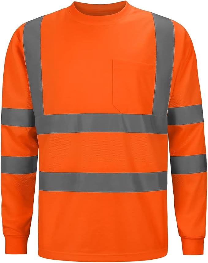 High Visibility Class 3 T Shirts，Hi Vis Safety Shirts with Reflective Strips and Pocket, Long Sleeve Quick Dry Mesh Construction Work Shirt for Men/Women Orange,5XL