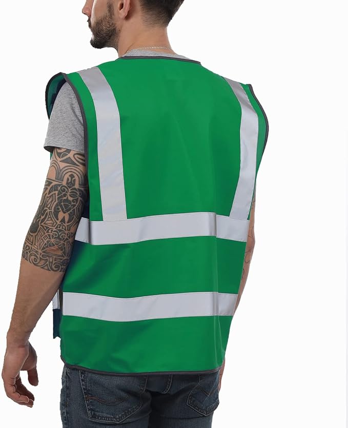 Dib Safety Reflective Vest High Visibility with Pockets and Zipper, Green L