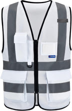 A-SAFETY XSmall White High Visibility Safety Vest with 4 Reflective Strips 7 Pockets,White X-Small