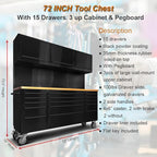 72 inch 15 Drawers Tool Chest with 3 Up Cabinet & Pegboard in Stainless Steel (Black)