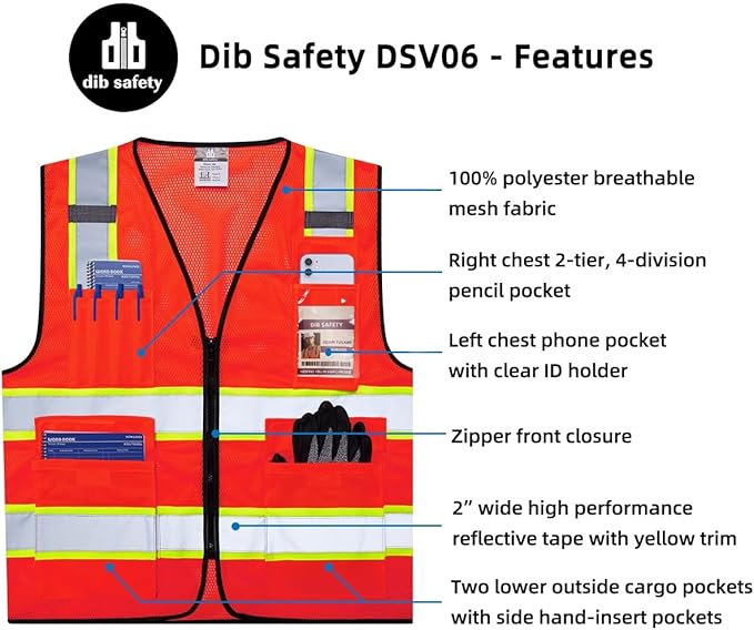 Dib Safety Reflective Mesh Vest High Visibility Two Tone with Pockets and Zipper, Red Mesh with Yellow Trim 2XL