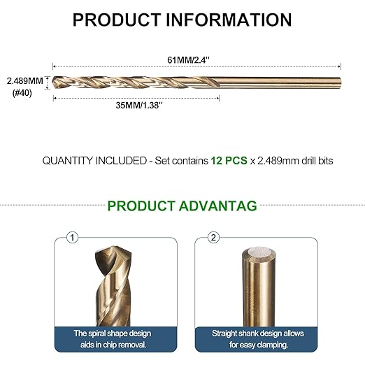 METALLIXITY Drill Bit (#40) 12Pcs, M2 High-Speed Steel Micro Number Bits Spiral Flute 135°Point Tip Gold Finish for Stainless Steel Iron Copper Aluminum Hard Metal