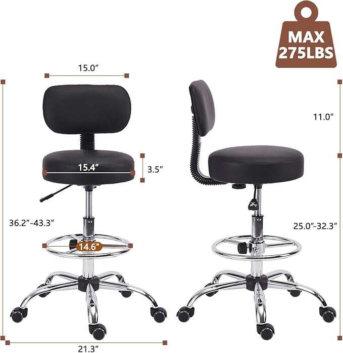 Drafting Stool Chair with Back, Adjustable Foot Rest Backrest Swivel Rolling Stool, Multi-Purpose Office Desk Chair, Thickened Seat for Home Bar Spa Kitchen Shop 4pack