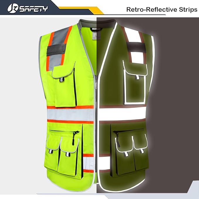 JKSafety 10 Pockets Class 2 Hi-Vis Zipper Front Yellow Safety Vest | Cushioned Collar | High Reflective Tapes with Extended Neon Orange Strips | Meets ANSI/ISEA Standards (XX-Large, 89-Yellow)