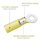 50 Pack Heat Shrink Ring Terminals - 3/8" - Yellow 12-10 AWG Marine Grade Heat Shrink Wire Connectors - Tinned Red Copper Eyelet Wire Connectors