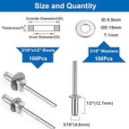 smseace 200Pcs 3/16"x1/2" Pop Rivets with Washer Assortment Kit 4.8x12.7mm Pop Rivets and 3/16" 304 Stainless Steel Backup Washers Aluminum Rivets kit for Metal/Furniture/Automotive/Instruments