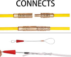 50' Fiberglass Cable Wire Running Rod Coaxial Electrical Connectable Fish Tape Pull Kit with Hook and Hole Kit in Transparent Tube, Yellow