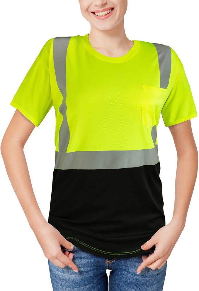 High Visibility Shirts Quick Dry Safety T Shirts with Reflective Strips and Pocket Short Sleeve Mesh Hi Vis Construction Work Class 2 Shirt for Men/Women Black Bottom Lime,6XL
